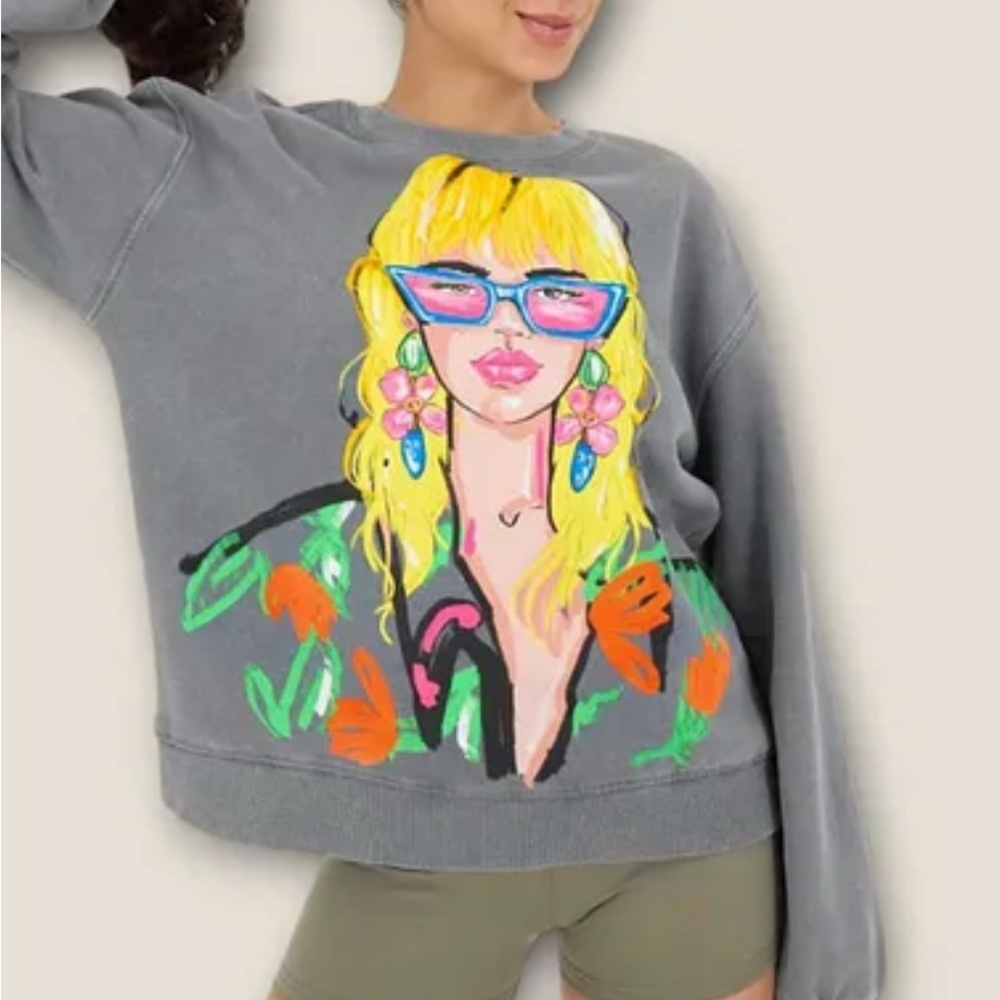 Zara Gray Sweatshirt with Colorful Graphic Portrait